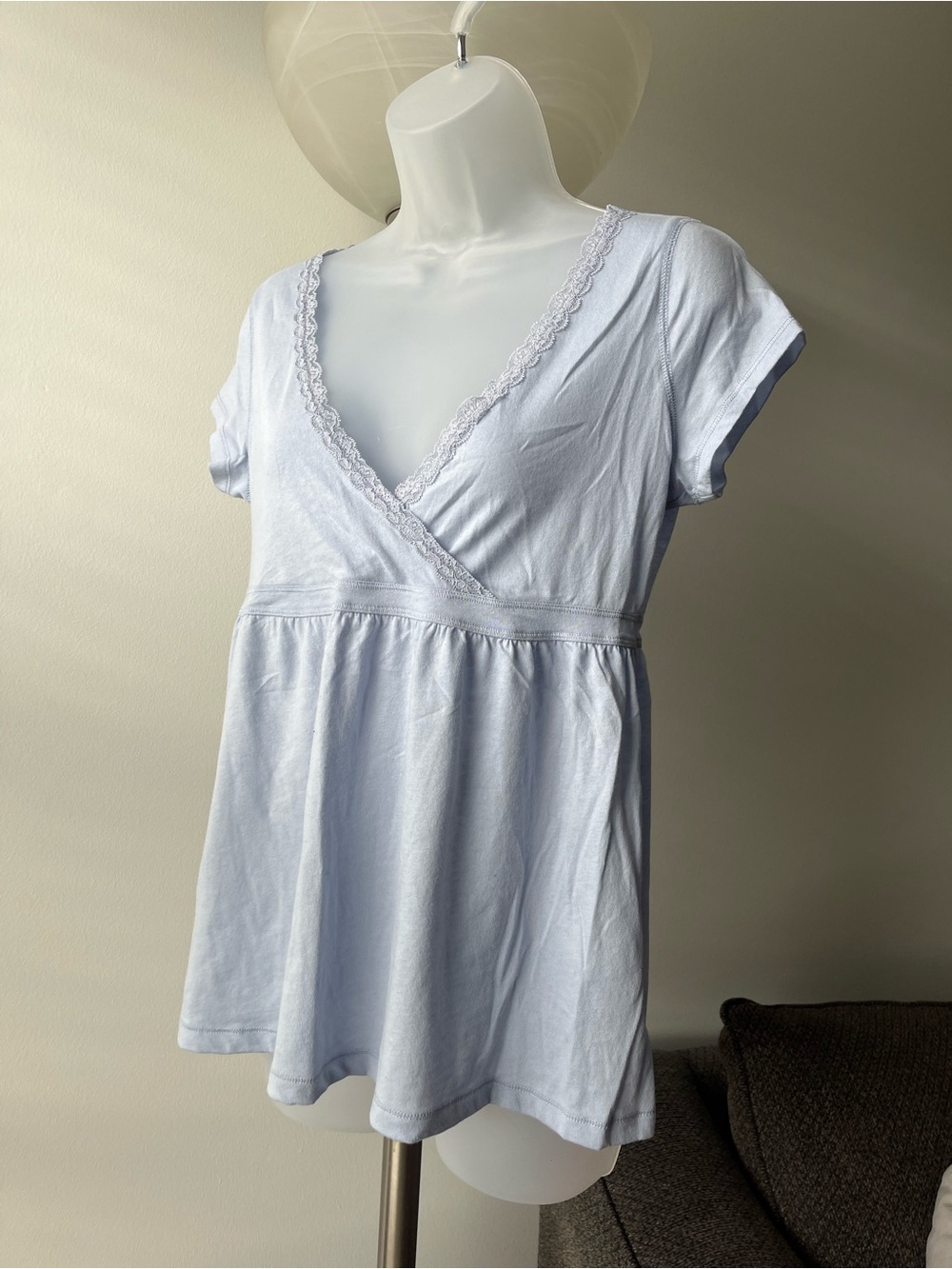 Hollister Light Blue Lace Trim V-Neck Babydoll Top